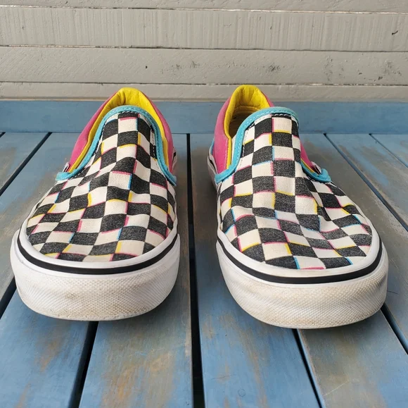 VANS Checkerboard Slip-On Black White Pink Blue Yellow Women's Size 6 - Picture 3 of 10